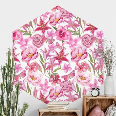 Hexagon Mustertapete selbstklebend - Pinke Blumen mit Schmetterlingen