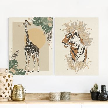 2-teiliges Leinwandbild - Safari Tiere - Giraffe und Tiger