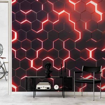 Fototapet - Structured Hexagons With Neon Light In Red