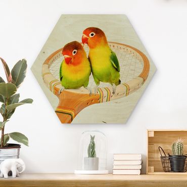 Hexagon Bild Holz - Tennis mit Vögeln
