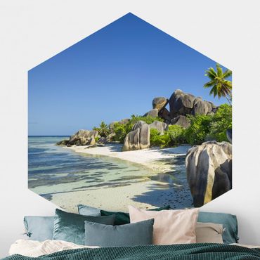 Hexagon Mustertapete selbstklebend - Traumstrand Seychellen