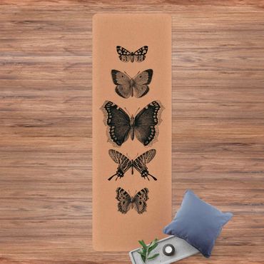 Yogamatte Kork - Tusche Schmetterlinge auf Beige