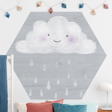 Hexagon Mustertapete selbstklebend - Wolke mit silbernen Regentropfen