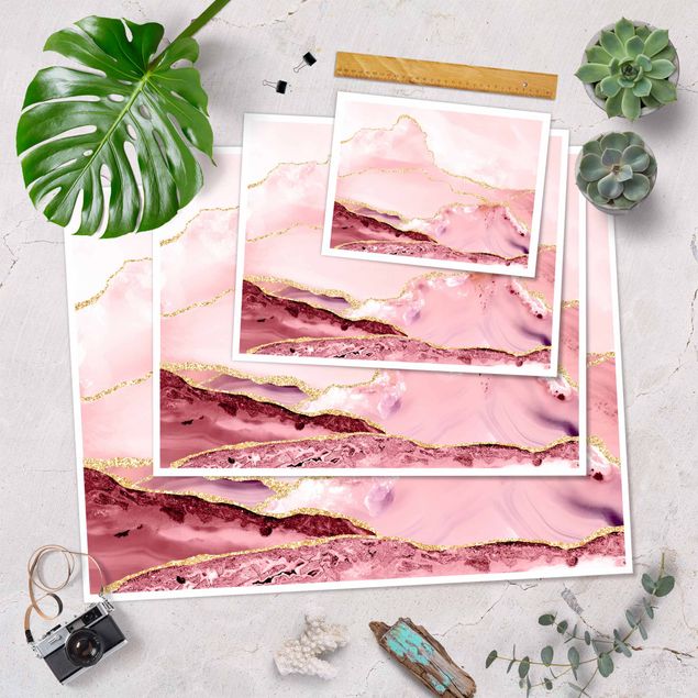 Tavlor Abstract Mountains Pink With Golden Lines