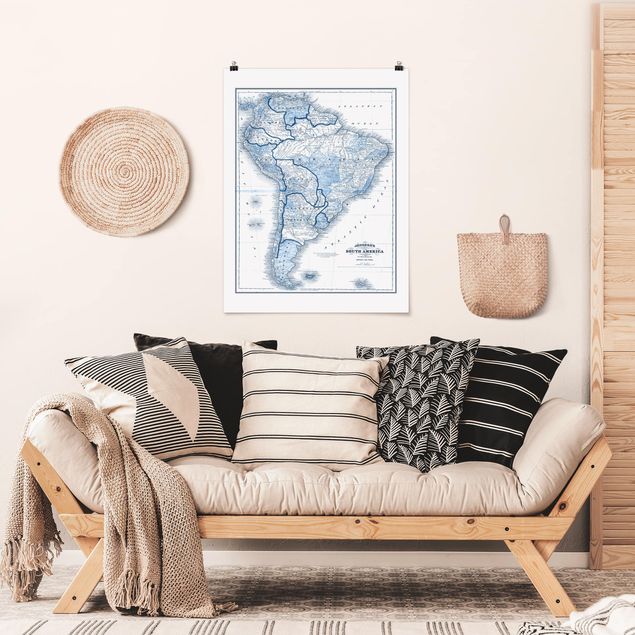Tavlor världskartor Map In Blue Tones - South America