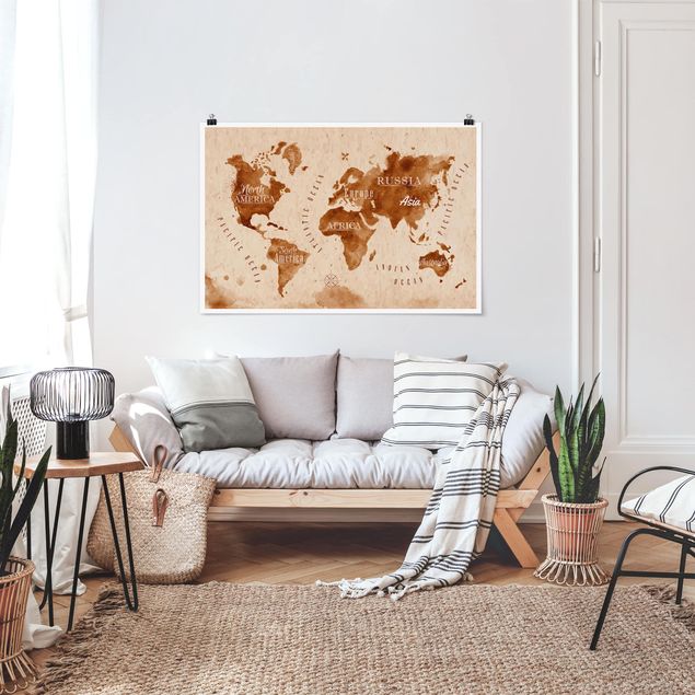 Tavlor världskartor World Map Watercolour Beige Brown