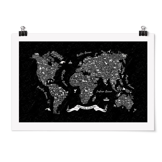 Tavlor världskartor Typography World Map Black