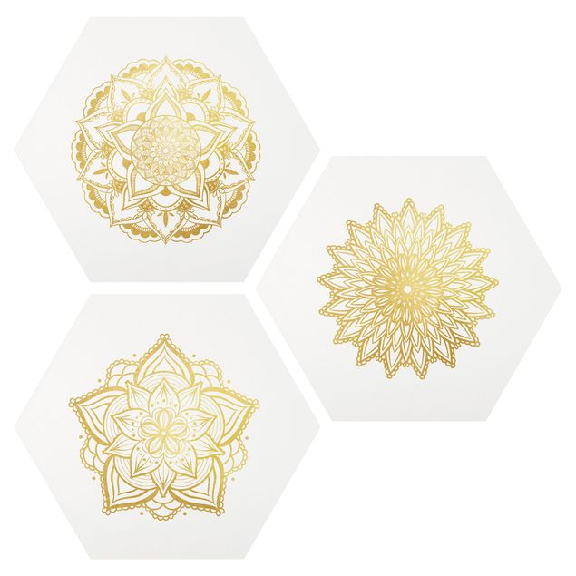Tavlor andlig Mandala Flower Sun Illustration Set Gold