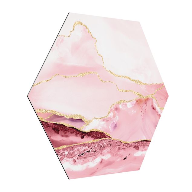 Tavlor mönster Abstract Mountains Pink With Golden Lines