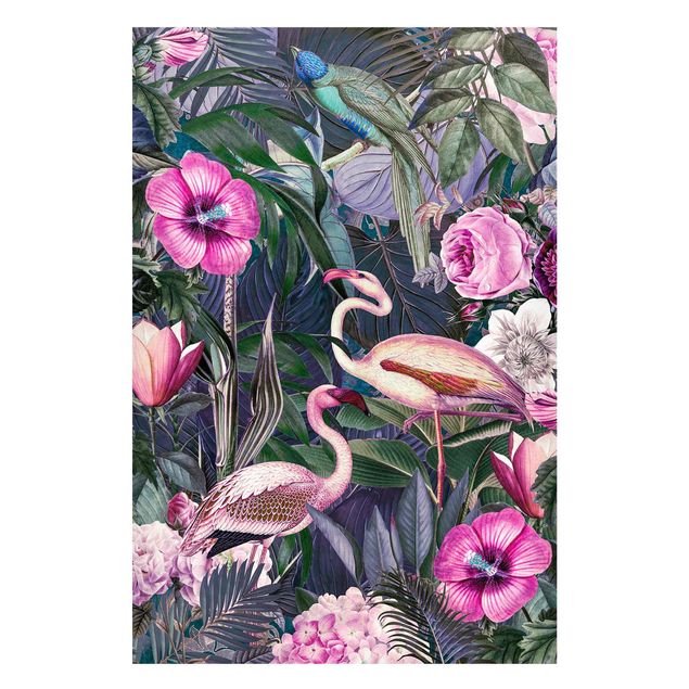 Tavlor djungel Colourful Collage - Pink Flamingos In The Jungle
