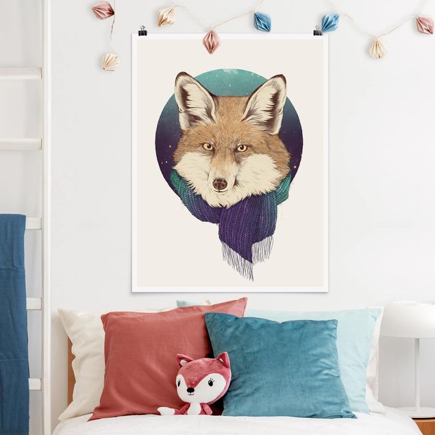 Posters konstutskrifter Illustration Fox Moon Purple Turquoise