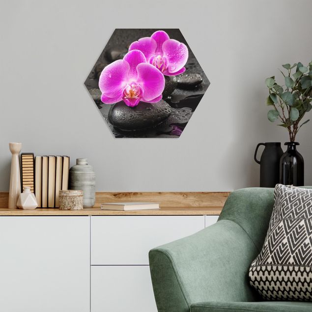 Kök dekoration Pink Orchid Flowers On Stones With Drops