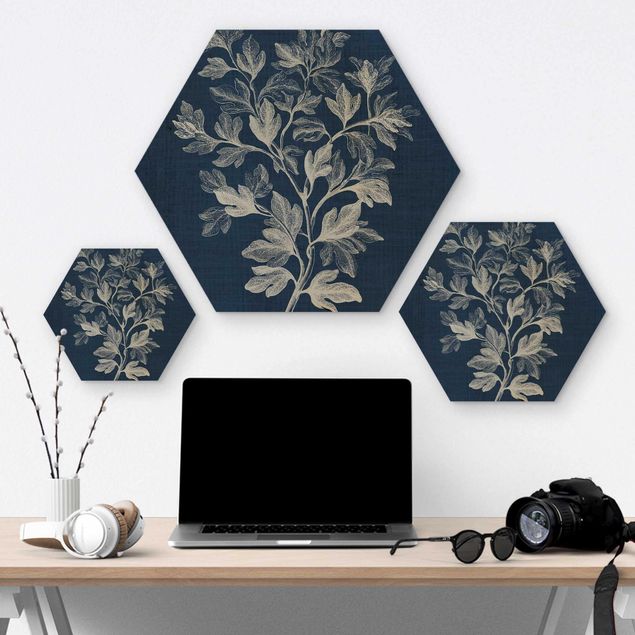 Hexagon Bild Holz - Denim Pflanzenstudie I