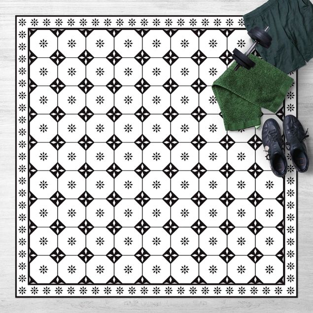 utomhusmattor Geometrical Tiles Cottage Black And White With Border