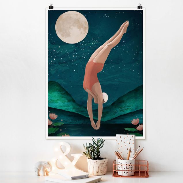 Posters konstutskrifter Illustration Bather Woman Moon Painting