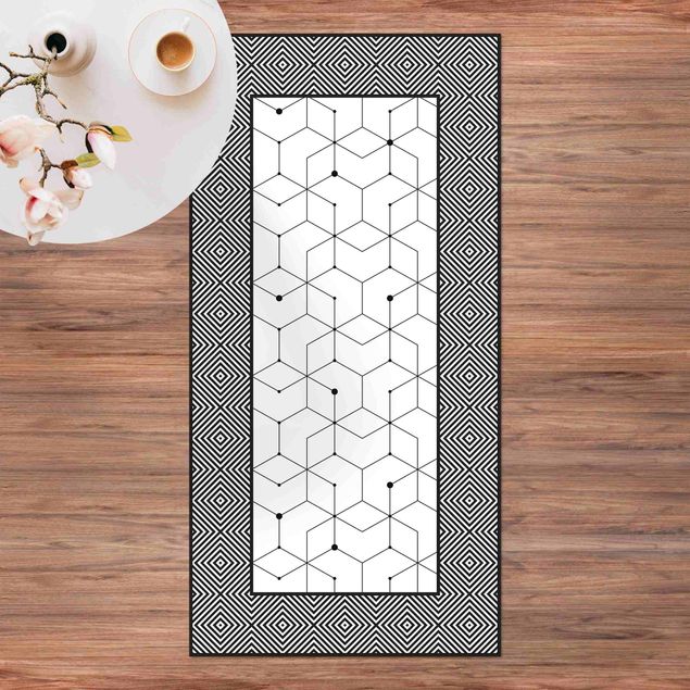 balkongmattor Geometrical Tiles Dotted Lines Black And White With Border