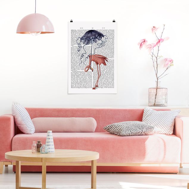 Posters ordspråk Animal Reading - Flamingo With Umbrella