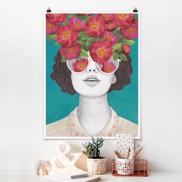 Posters konstutskrifter Illustration Portrait Woman Collage With Flowers Glasses