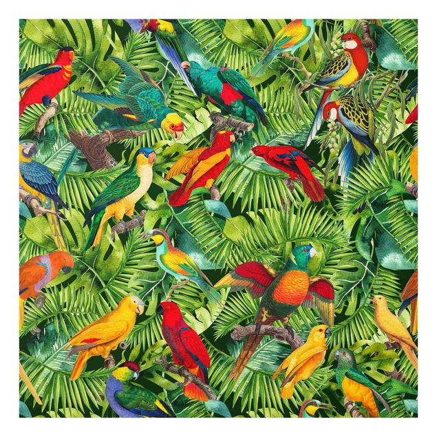 glasskiva kök Colourful Collage - Parrots In The Jungle