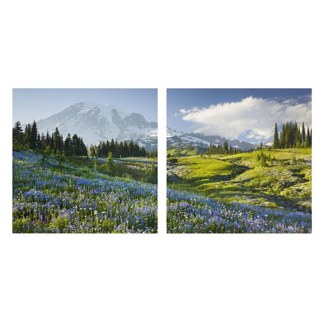 Tavlor landskap Mountain Meadow With Blue Flowers in Front of Mt. Rainier