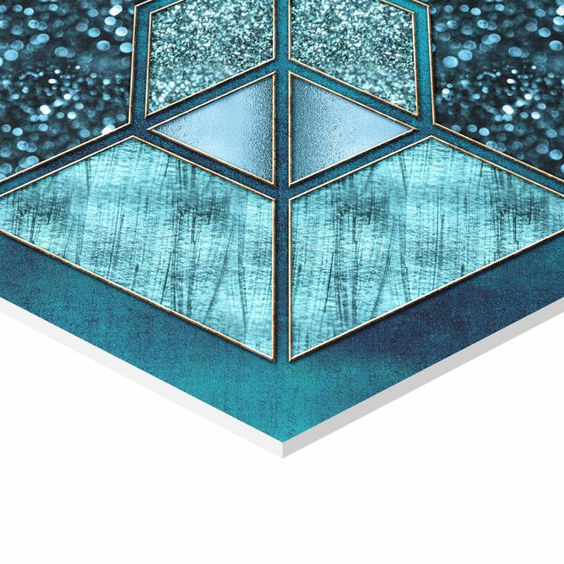 Hexagonala tavlor Blue Hexagon With Gold Outline