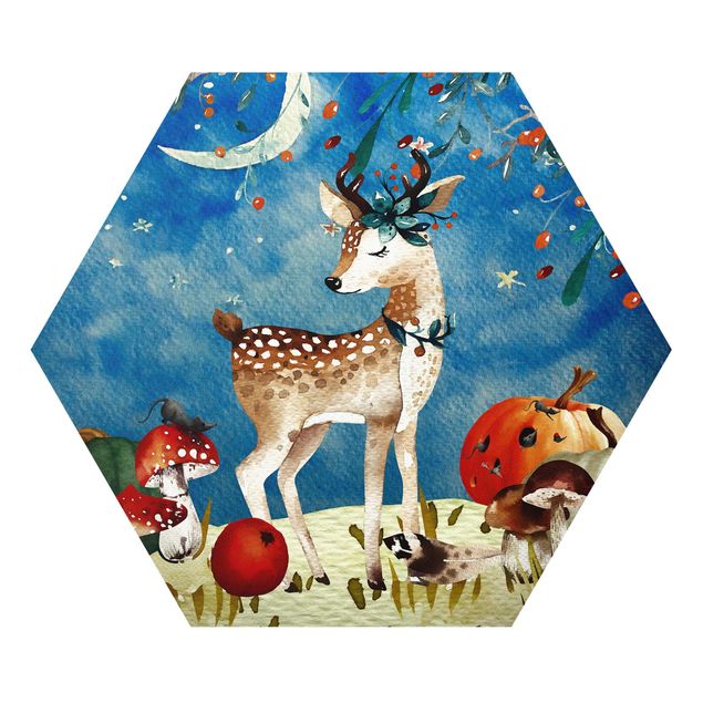 Tavlor blå Watercolor Deer In The Moonlight
