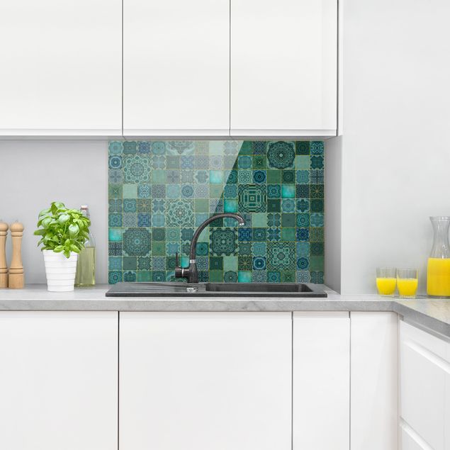 Stänkskydd kök glas mönster Art Deco Tiles Green Marble With Golden Shimmer