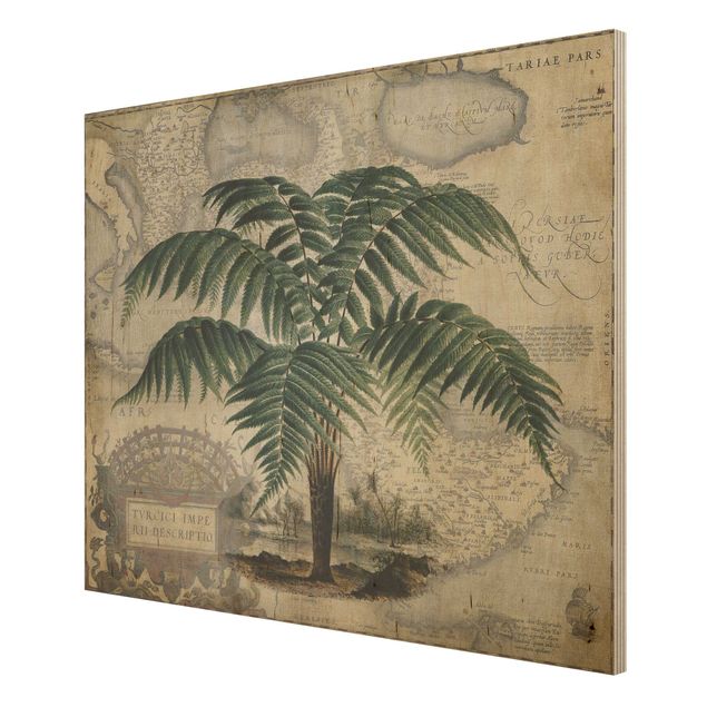 Trätavlor landskap Vintage Collage - Palm And World Map