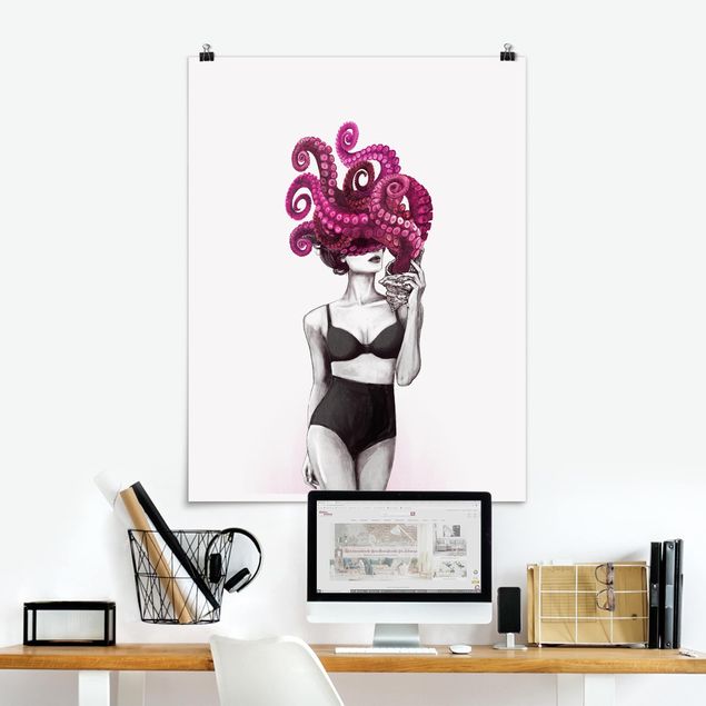 Kök dekoration Illustration Woman In Underwear Black And White Octopus