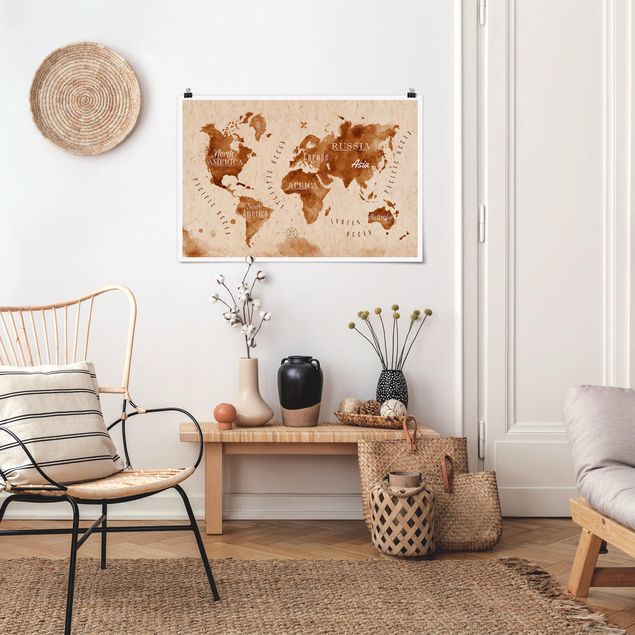 Tavlor världskartor World Map Watercolour Beige Brown