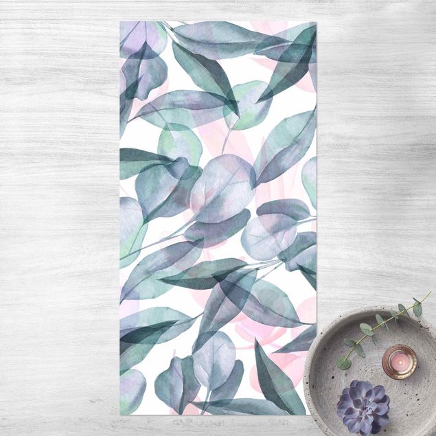 utomhusmattor Blue And Pink Eucalyptus Leaves Watercolour