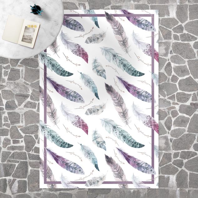 altanmattor Boho Watercolour Feathers In Aubergine And Petrol Colour With Frame