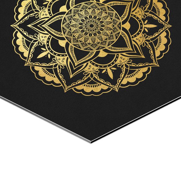 Hexagonala tavlor Mandala Flower Sun Illustration Set Black Gold