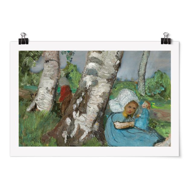 Konststilar Paula Modersohn-Becker - Child with Doll Sitting on a Birch Trunk
