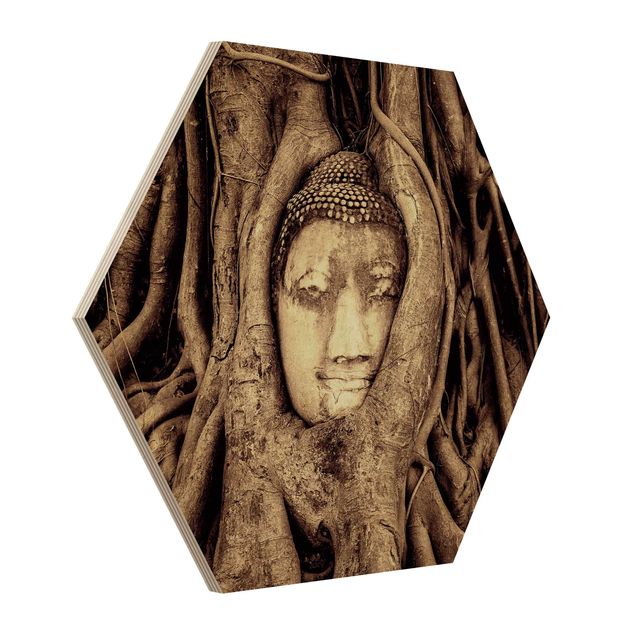 Trätavlor vintage Buddha In Ayutthaya Lined From Tree Roots In Brown