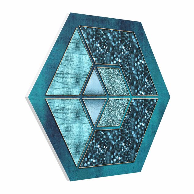 Tavlor modernt Blue Hexagon With Gold Outline