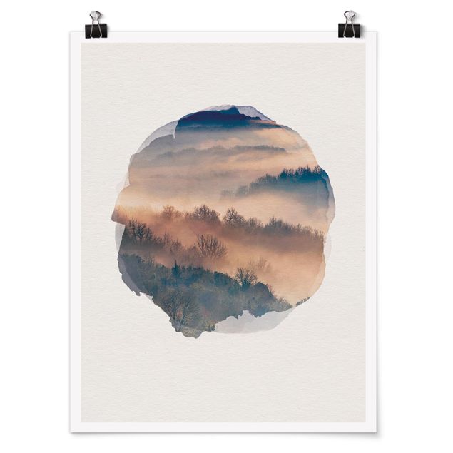 Posters landskap WaterColours - Mist At Sunset