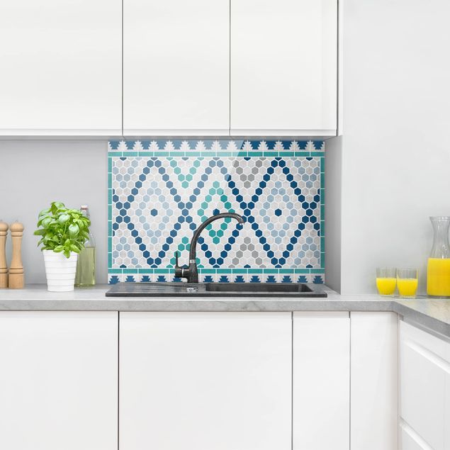 stänkskydd kök glas mönster Moroccan tile pattern turquoise blue