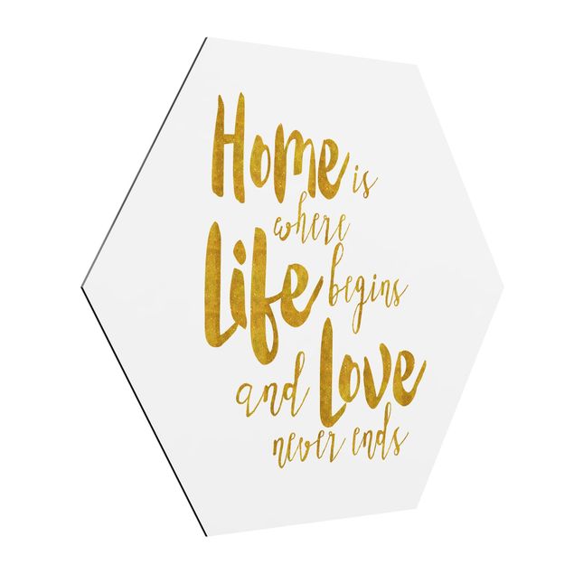 Tavlor ordspråk Home Is Where Life Begins Gold
