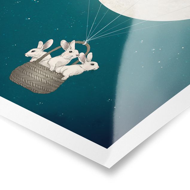 Tavlor Laura Graves Art Illustration Rabbits Moon As Hot-Air Balloon Starry Sky