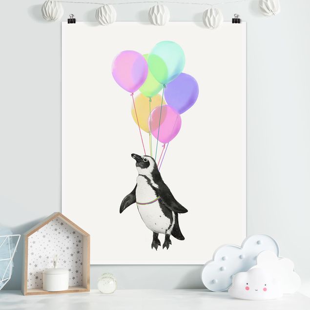 Posters konstutskrifter Illustration Penguin Pastel Balloons