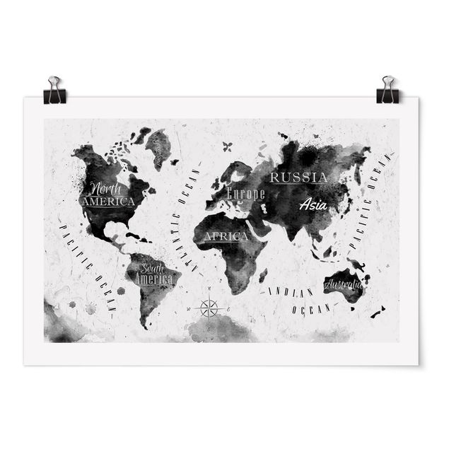 Tavlor världskartor World Map Watercolour Black