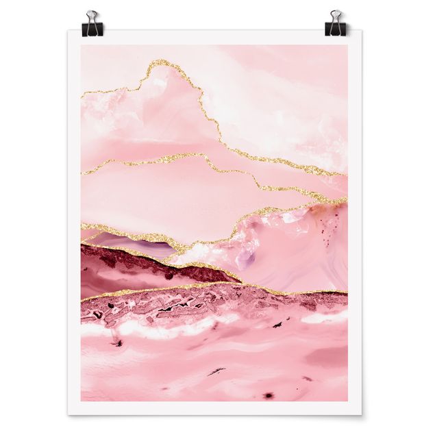 Posters abstrakt Abstract Mountains Pink With Golden Lines