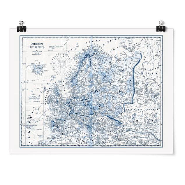 Tavlor världskartor Map In Blue Tones - Europe