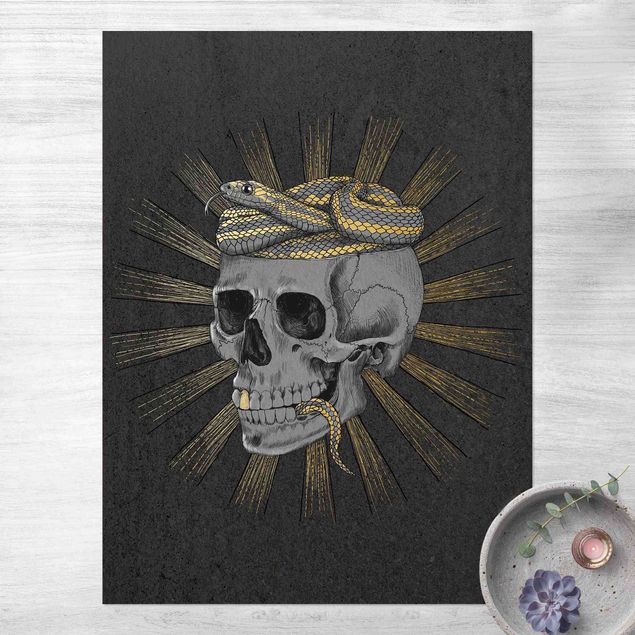 utomhusmattor Illustration Skull And Snake Black Gold
