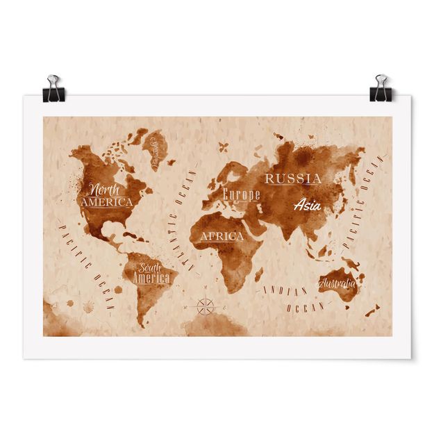 Tavlor brun World Map Watercolour Beige Brown