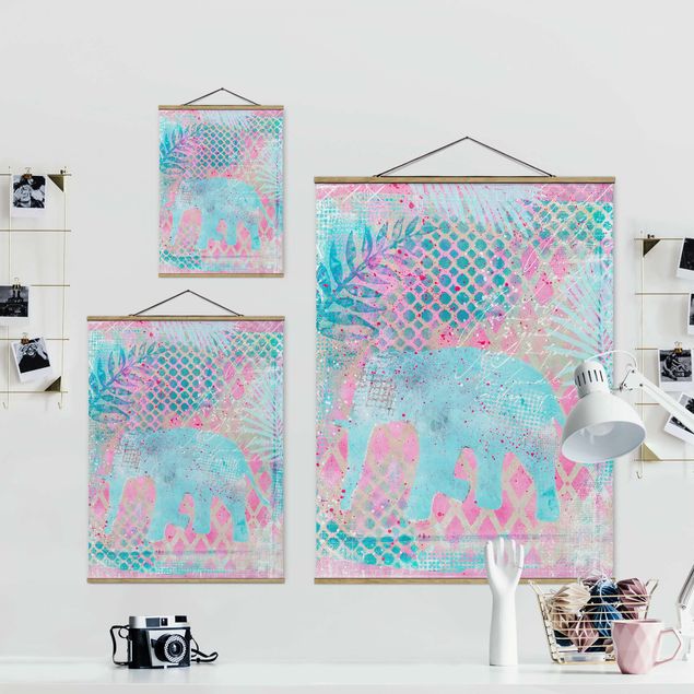 Tavlor konstutskrifter Colourful Collage - Elephant In Blue And Pink