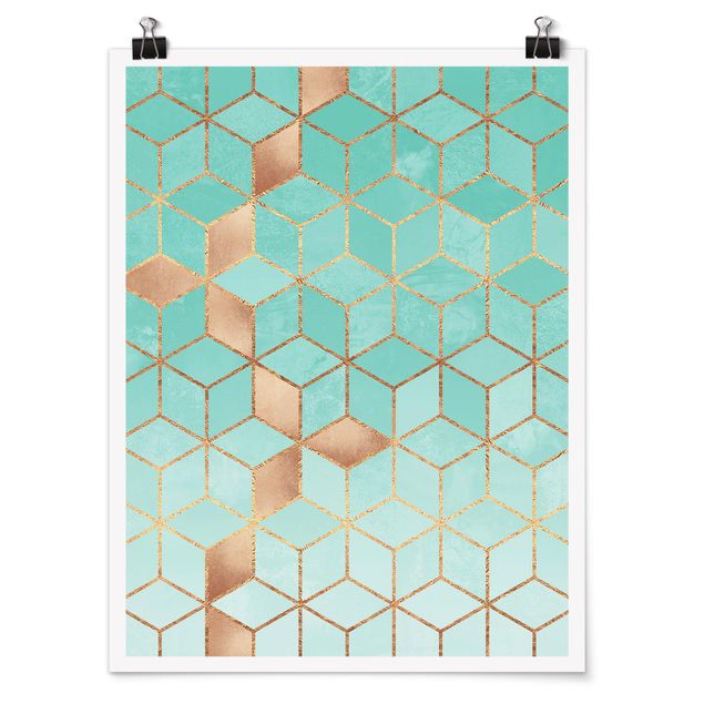 Posters abstrakt Turquoise White Golden Geometry
