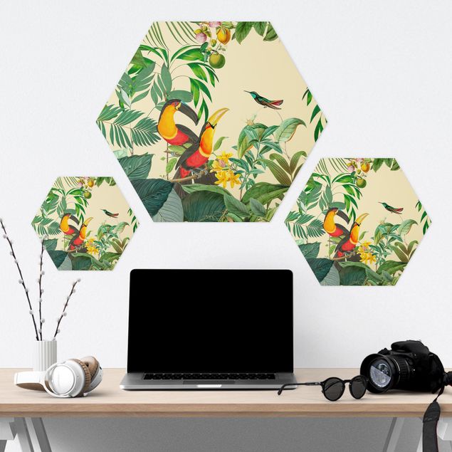 Hexagonala tavlor Vintage Collage - Birds In The Jungle