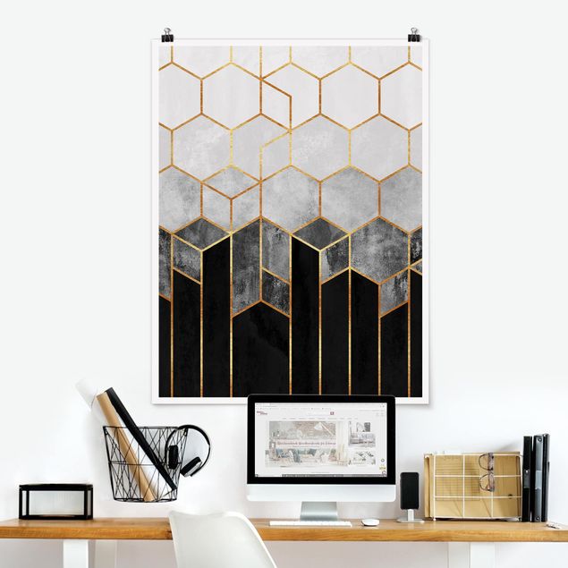 Posters konstutskrifter Golden Hexagons Black And White